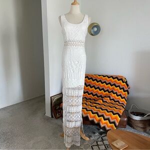 Y2K Windsor Boho Coastal Festival Macrame Crochet Eyelet Maxi Dress